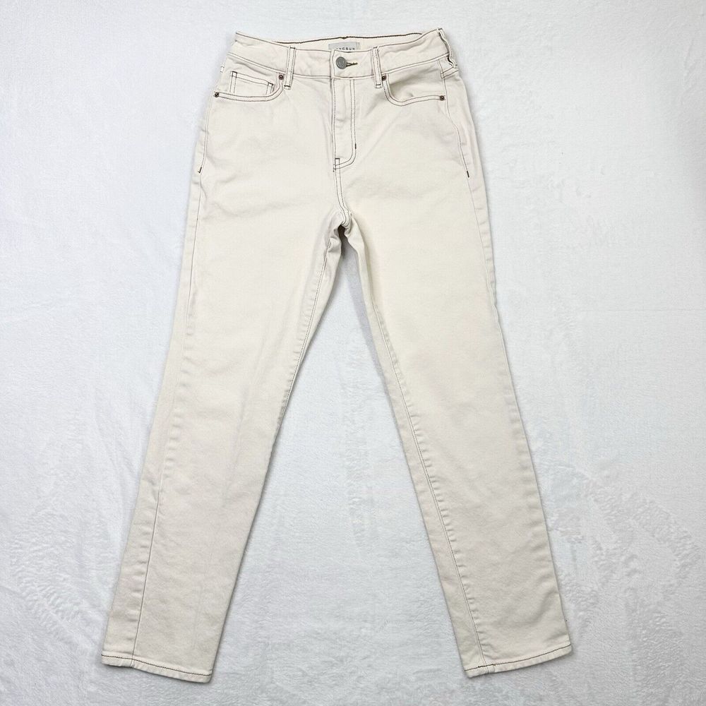 PacSun Jeans Womens 25 Stretch Mom Jean Ivory Brown Contrast Stitching Crop